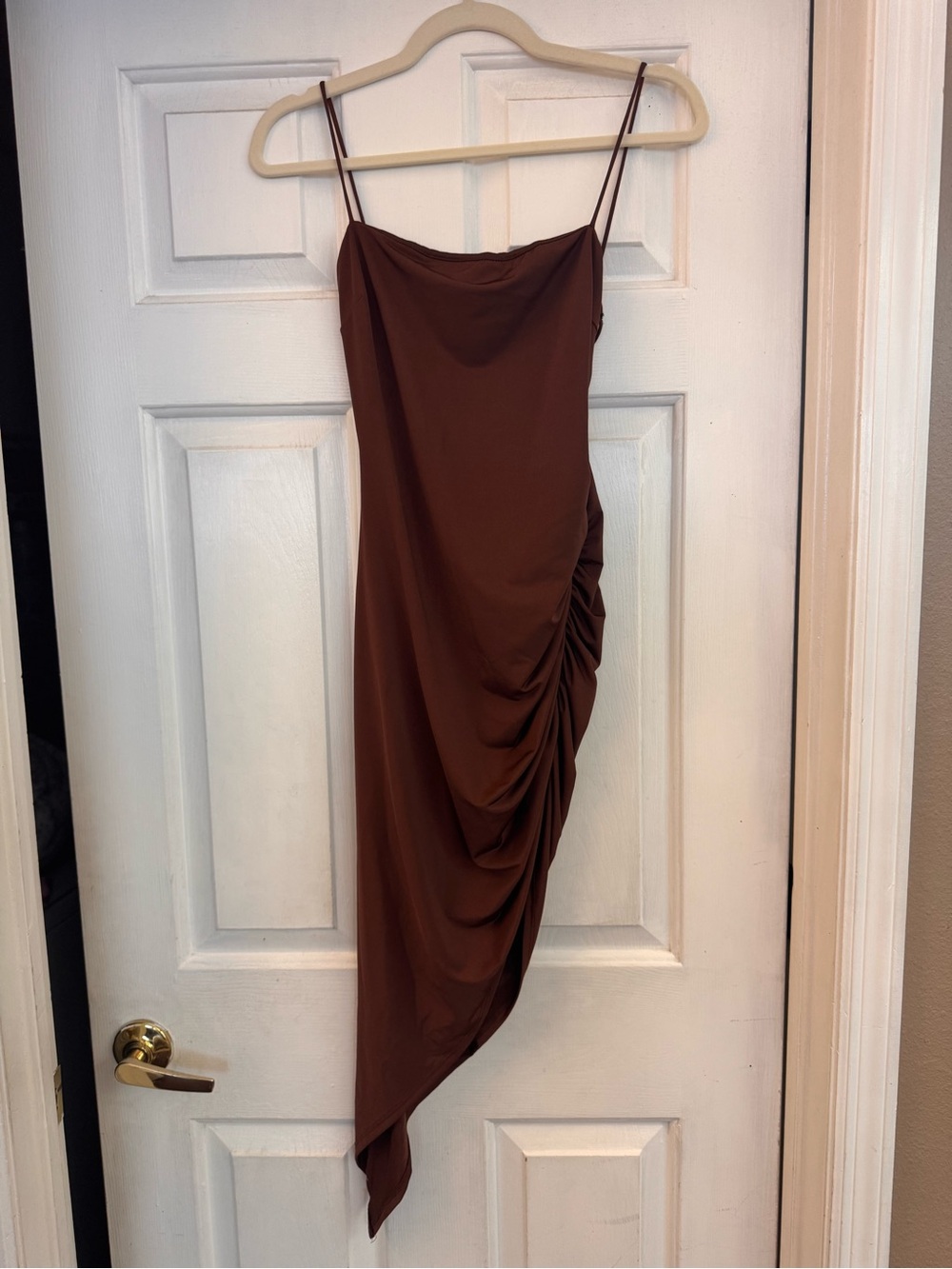 Windsor Brown Asymmetric Ruched Slip Midi Dress